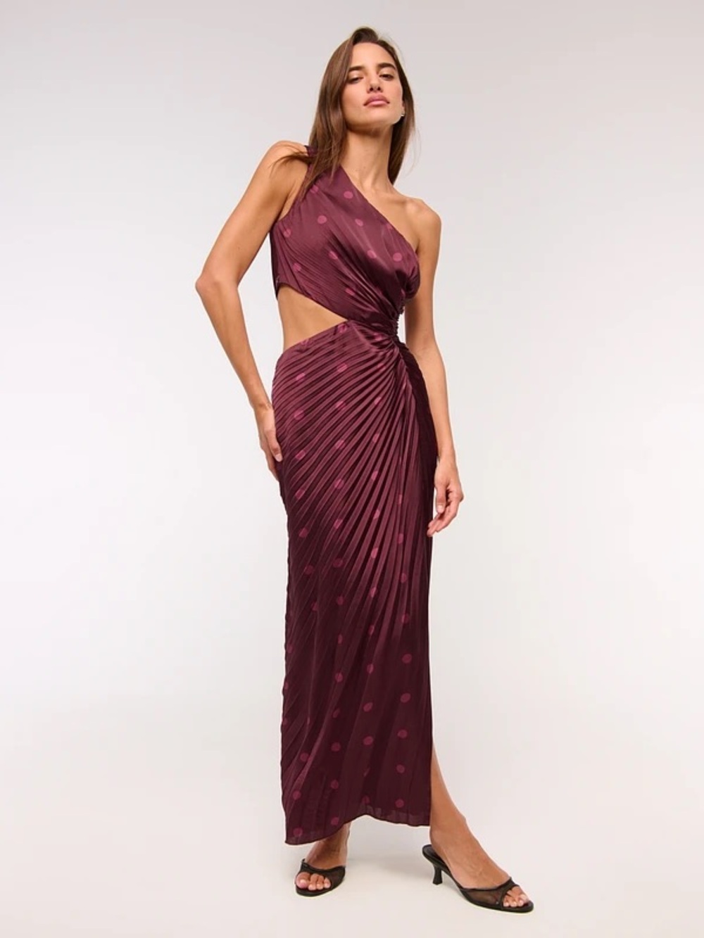 The A&F Giselle Pleated One Shoulder Burgundy Polka Dot Cutout Maxi Dress